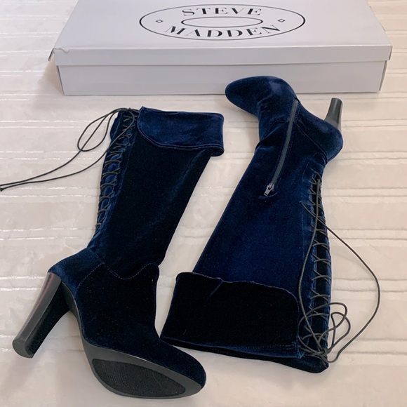 Steve Madden Over the Knee Corset Style Royal Blue Velvet High Heel Boots - Picture 3 of 10